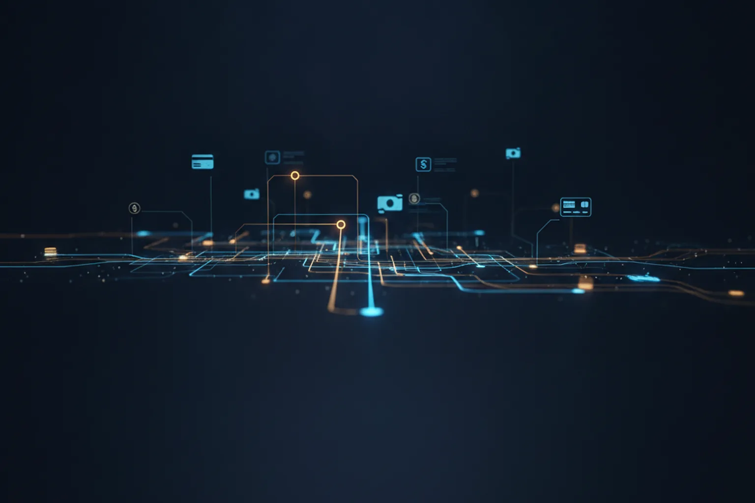 Abstract fintech and AI infrastructure routing diagram with blue and gold circuit lines converging on a central node, dark navy background