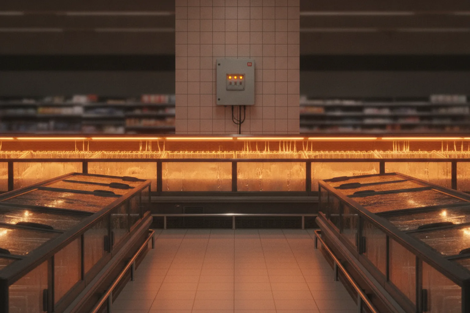 Empty supermarket aisle at night with refrigerated display cases glowing orange and a wall-mounted controller box with amber status lights