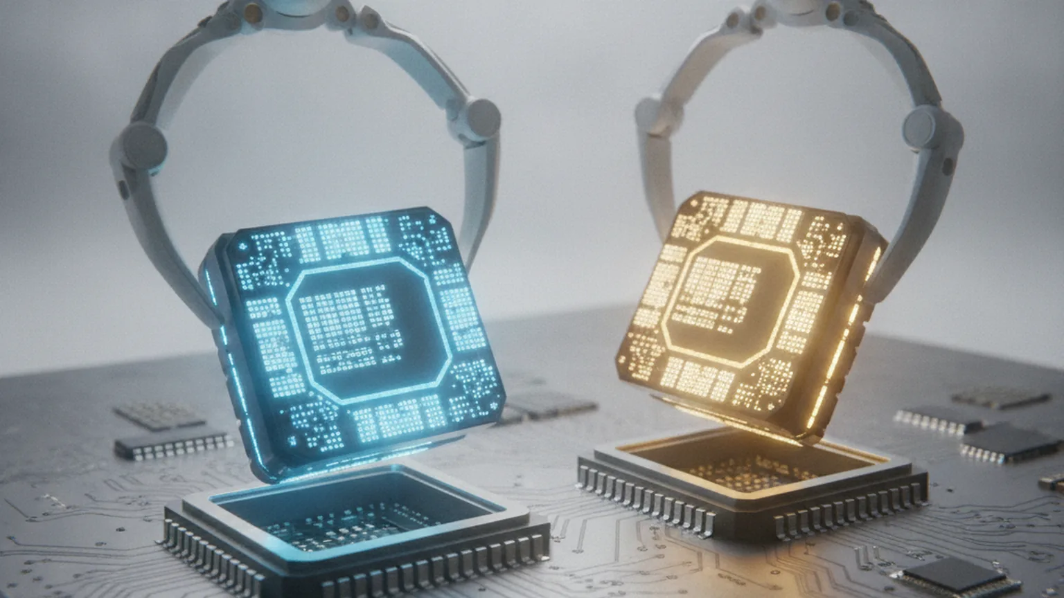 A modular processor core being lifted from a socket on a circuit board while an alternate core slides in, in blue and gold tones, illustrating swapping one AI model provider for another behind an application