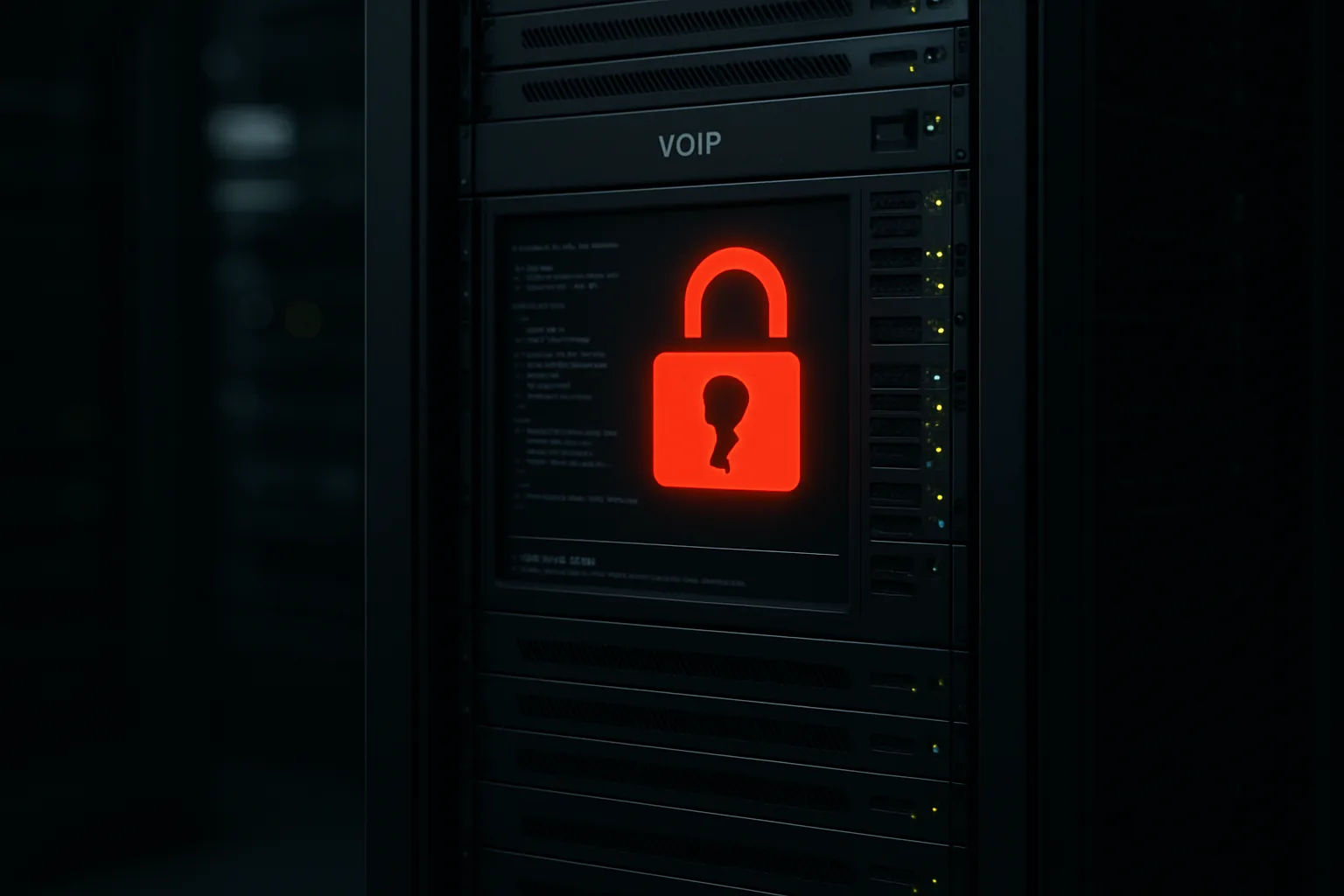 Enterprise VoIP server rack in a dark server room with a glowing red broken padlock icon and SQL terminal code visible, representing an active exploitation incident