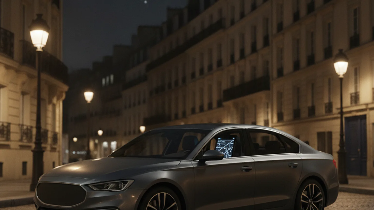 Berline de taxi sombre garée de nuit dans une rue haussmannienne de Paris, une tablette de bord allumée visible à travers la vitre