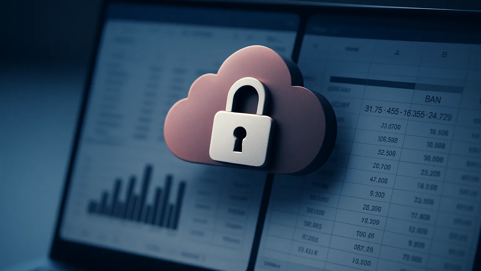 Lucchetto digitale su una nuvola davanti a fogli contabili con coordinate bancarie, a rappresentare la violazione dei dati della piattaforma cloud di TeamSystem
