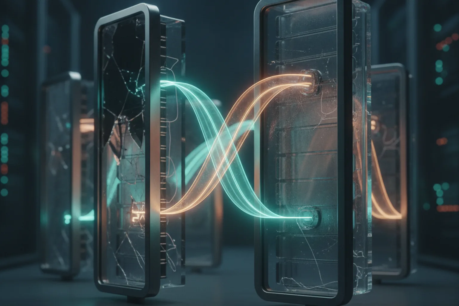 Glowing execution paths weaving through server panels in a dark data center, with one cracked node while the flow reroutes and continues, illustrating durable execution and fault tolerance for long-running software workflows