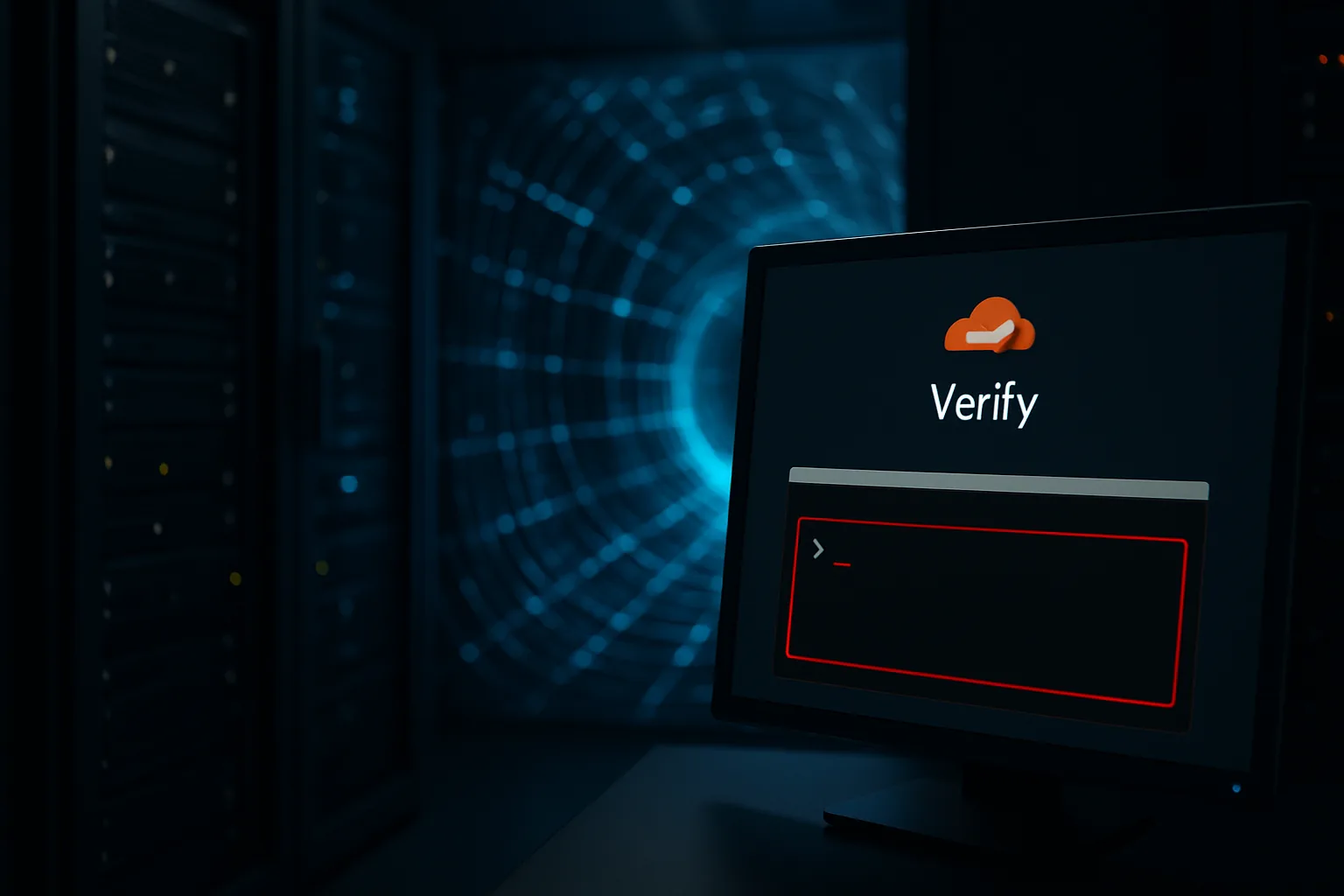 Dark server room with glowing blue network tunnel visualization and a fake cloud verification prompt on a monitor with a red-highlighted command line, representing a social engineering attack on enterprise infrastructure