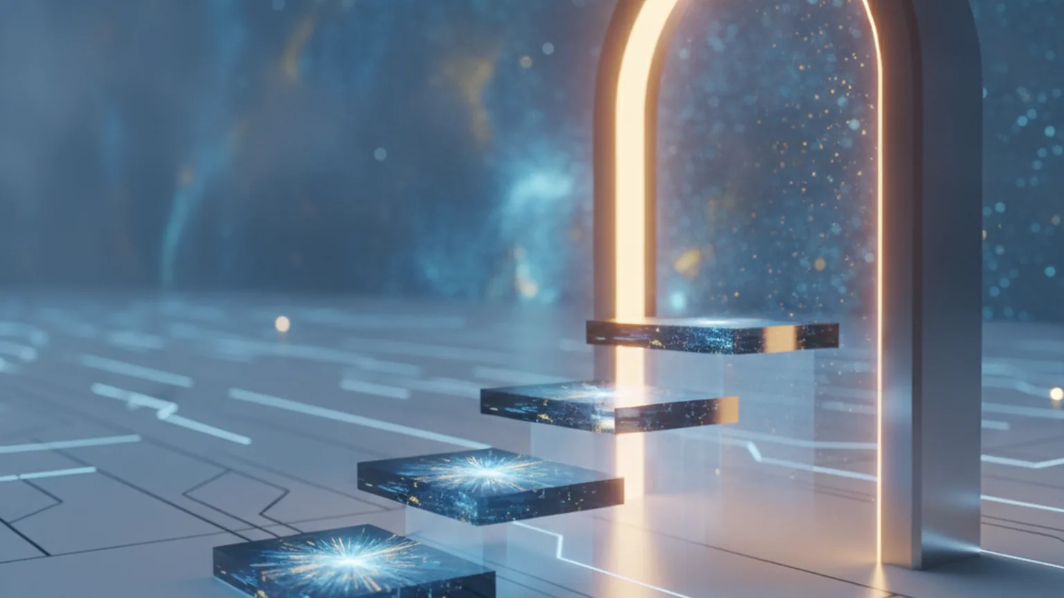 Three glowing translucent tiers of ascending height rising through an illuminated archway gateway in a data corridor, symbolising three model variants clearing a review before public release