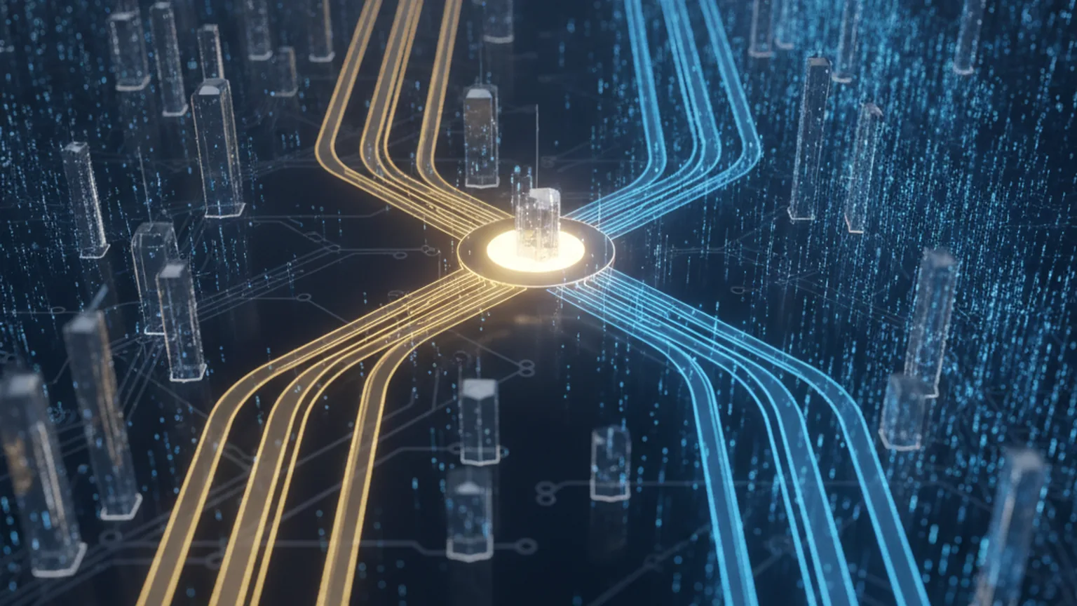 Abstract network with a few glowing gold channels and many blue channels converging at a bright routing node among illuminated circuit lines, symbolising routing AI workloads between a premium model and cheaper ones