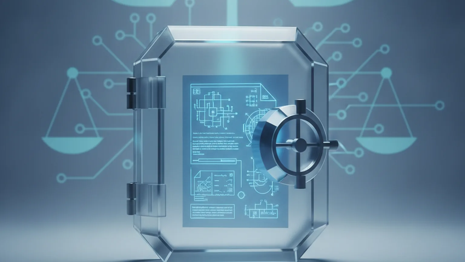 A translucent secure vault holding a glowing technical blueprint, with circuit patterns and faint balance-scale motifs, illustrating trade-secret protection in technology