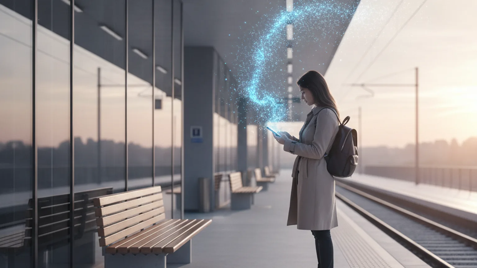 Pendolare su un binario ferroviario all'alba che consulta lo smartphone mentre una scia di particelle digitali si disperde, a rappresentare la fuga di dati dei passeggeri
