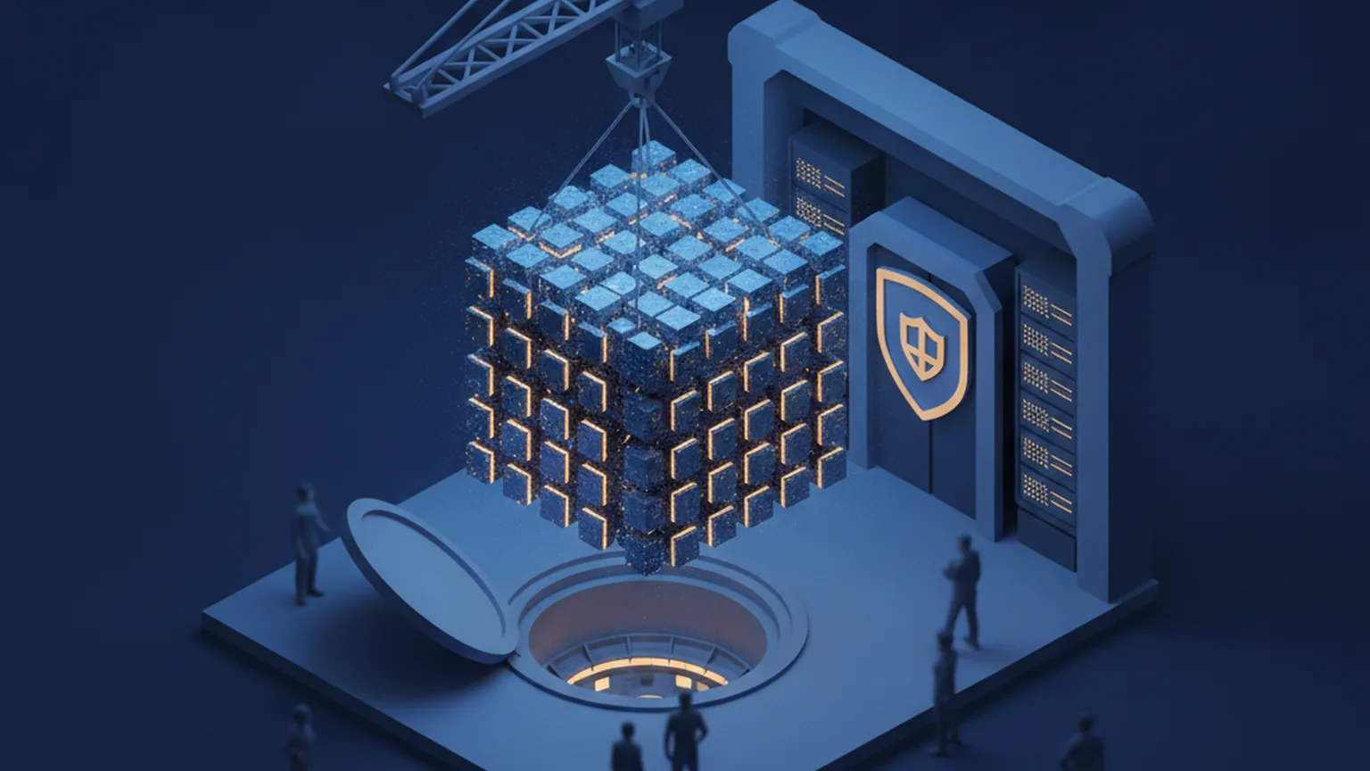 Isometric illustration of a large modular AI model made of glowing cubes being lowered by a crane from an open vault into a private, shield-protected server room