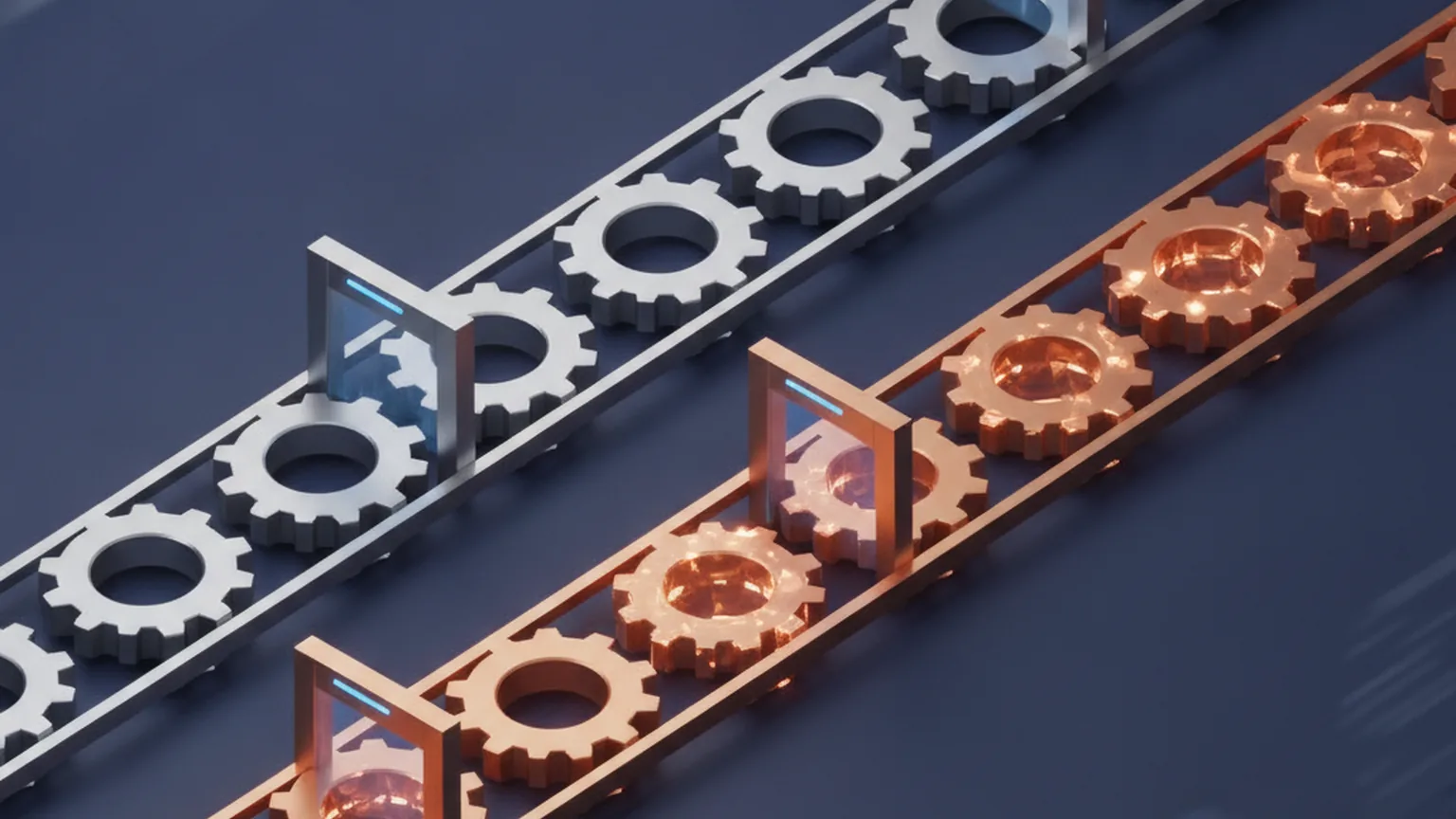 Two parallel conveyor tracks, one of steel gears and one of copper gears, each passing through inspection gates on a dark blue workshop floor