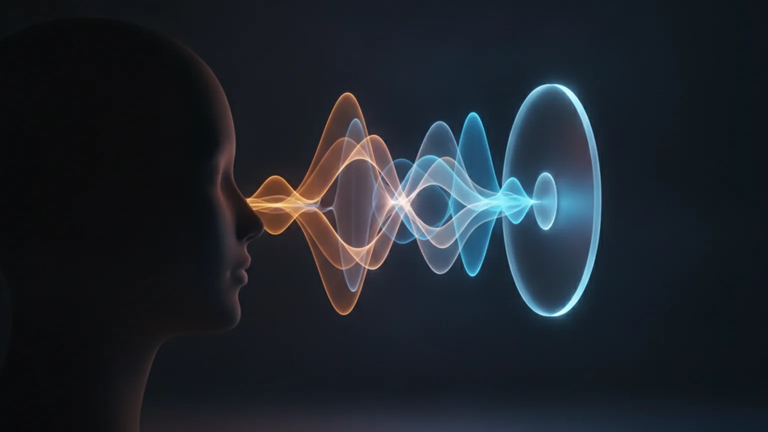 A human profile silhouette and a glowing circular voice interface exchanging two interleaved streams of sound waves at once, illustrating full-duplex voice that listens and speaks simultaneously