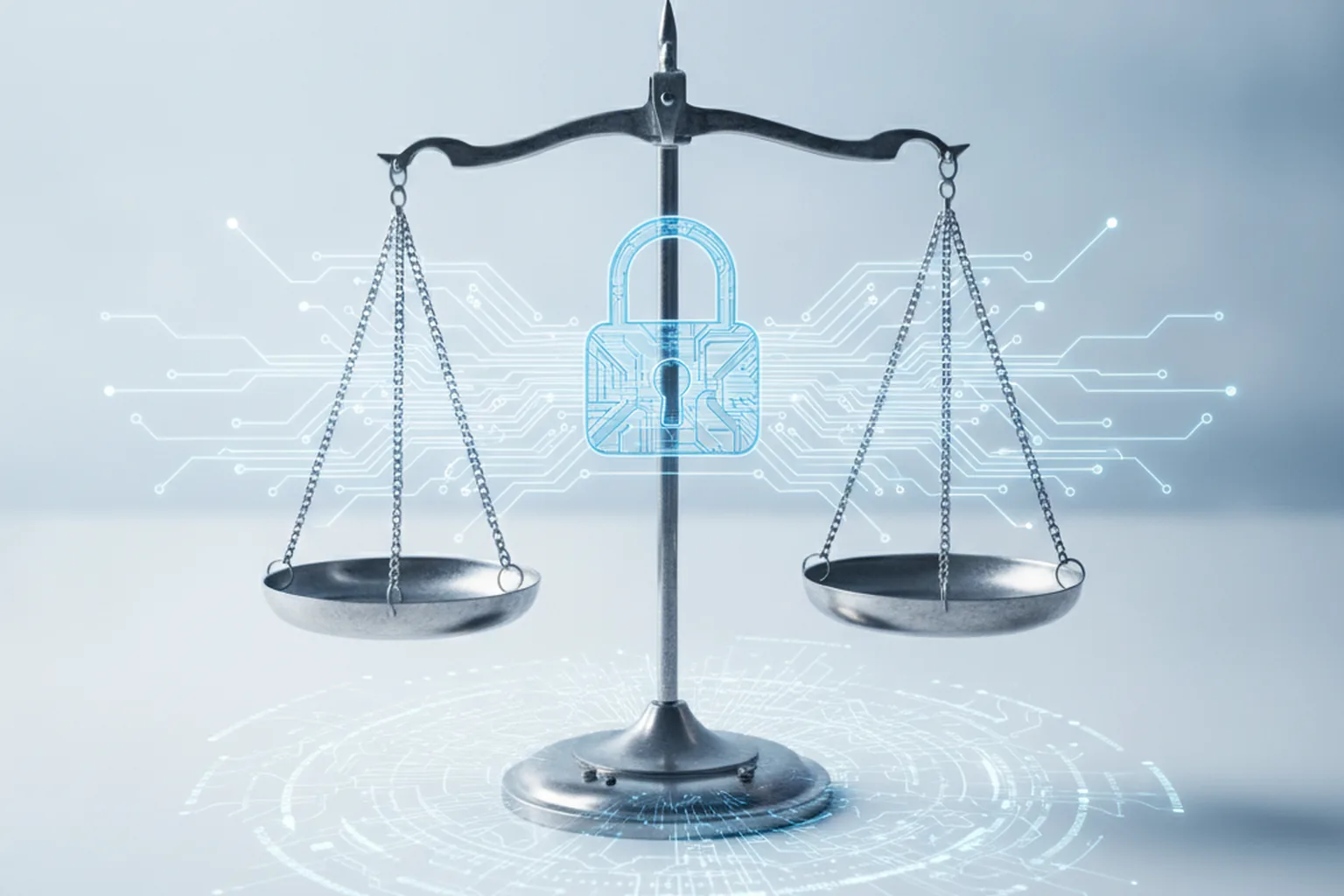 Scales of justice with a digital circuit-board padlock overlay, representing EU data protection enforcement against automated algorithmic decisions