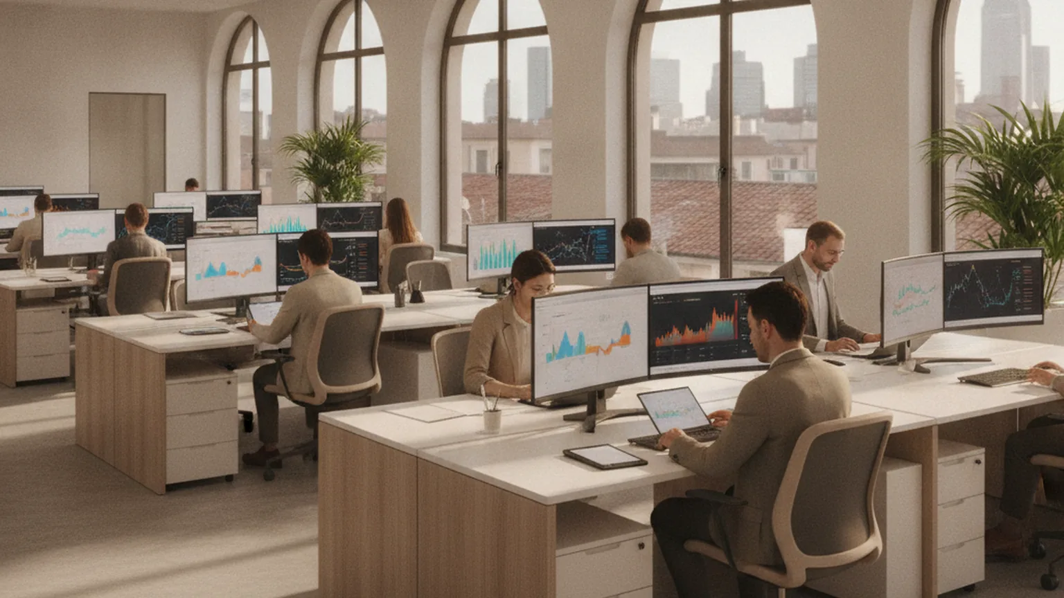 Open space di una compagnia assicurativa in un edificio storico: analisti alle scrivanie con monitor che mostrano grafici e cruscotti, tetti della città sullo sfondo