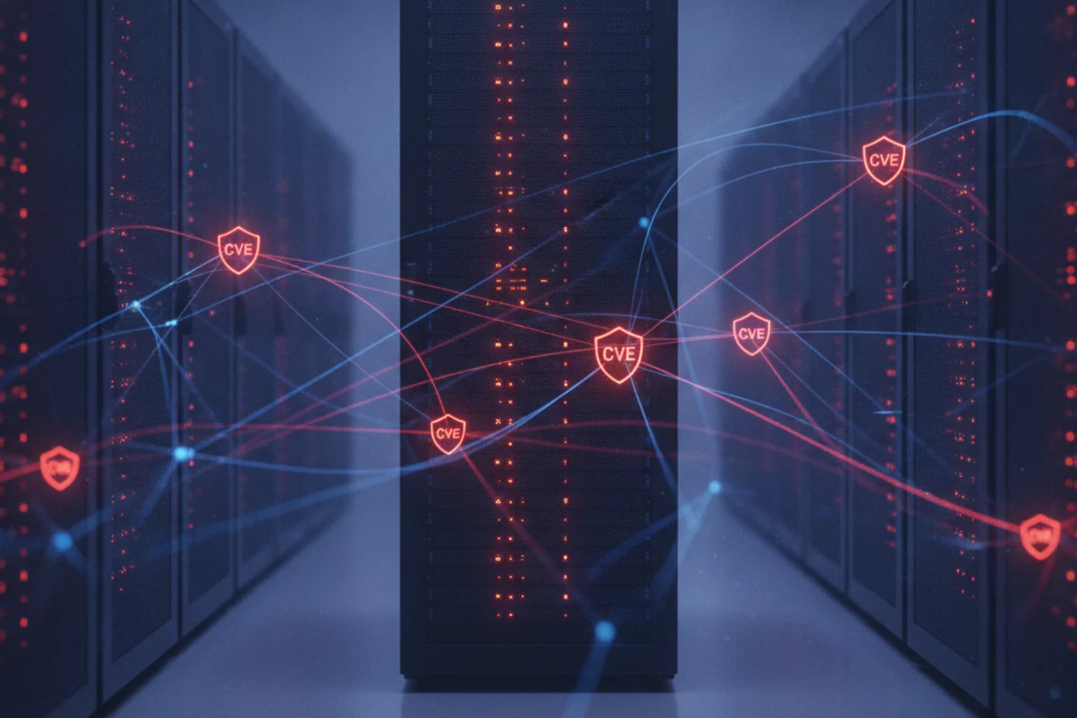 Dark enterprise data center corridor with red CVE shield threat indicators and glowing network attack vectors visualizing an active APT exploitation campaign