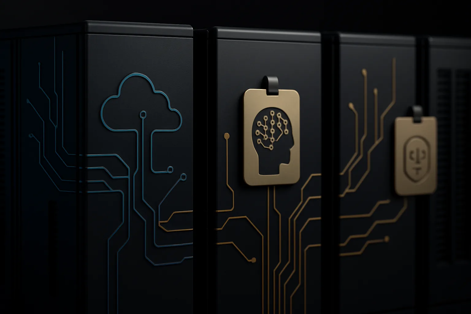 Enterprise server racks with AI agent identity badges and cloud circuit lines on dark infrastructure, representing private AI cloud governance