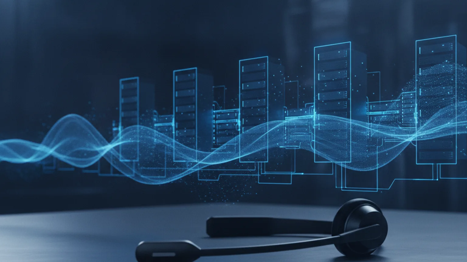 Headset on a desk in front of glowing blue sound waves flowing through a row of connected server racks
