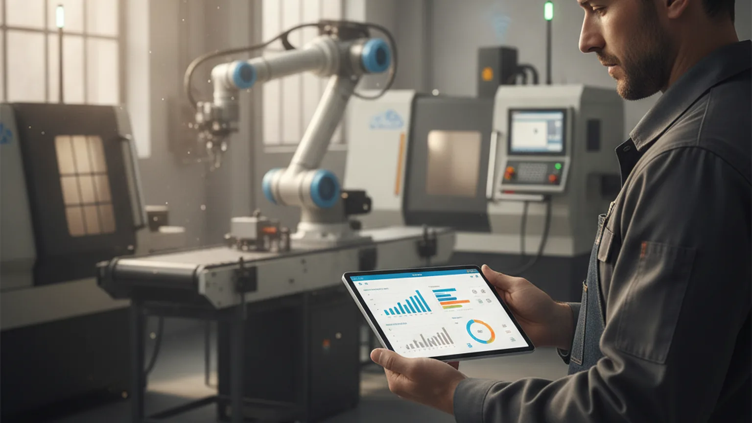Un tecnico in tuta da lavoro consulta una dashboard di analisi su un tablet in un'officina modernizzata, con un braccio robotico e macchinari connessi al cloud sullo sfondo illuminato dalla luce naturale