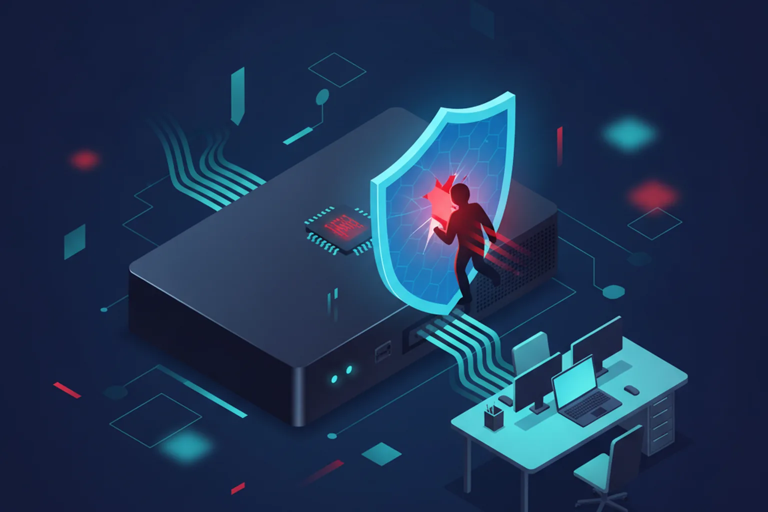 Isometric illustration of an intruder slipping through a cracked security shield on a corporate VPN gateway appliance, with a red-highlighted memory chip and network lines leading to office workstations on a dark navy background
