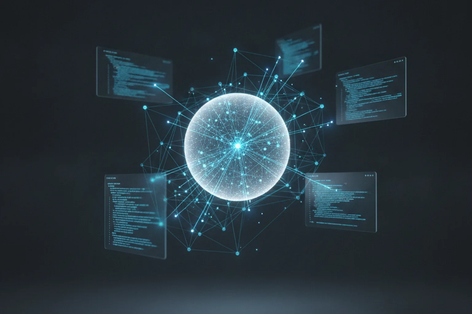 Floating code editor panels connected to a central luminous network node against a dark background, representing VS Code's new decoupled Agent Host architecture