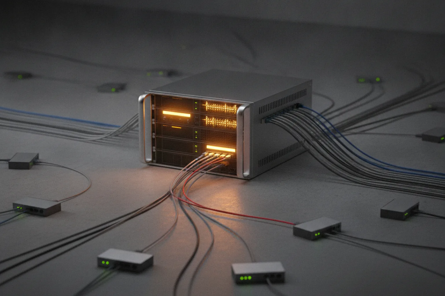 A network management server glowing amber in a dark room, with cables fanning out to small branch routers and one red cable running into it like an intrusion