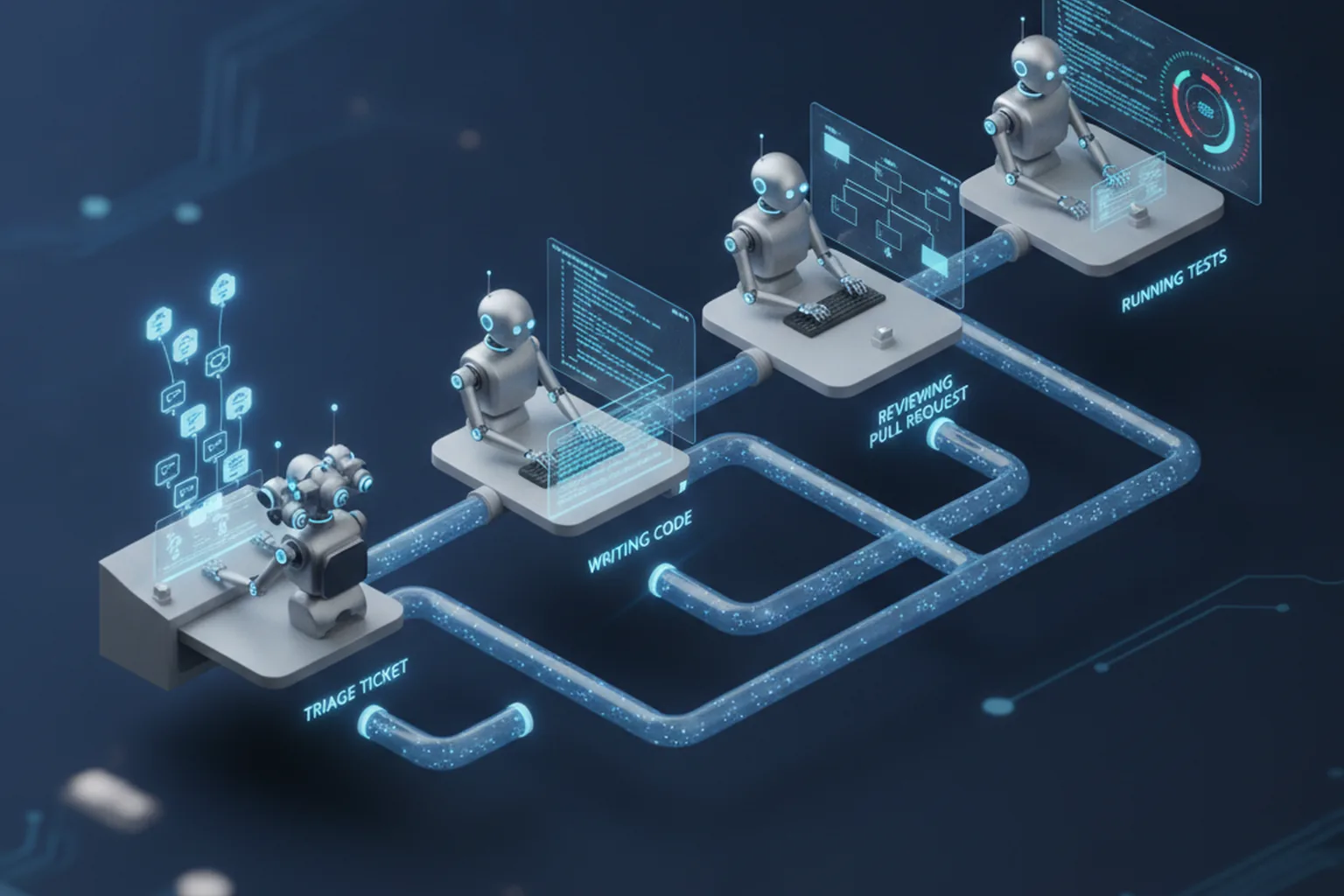 Isometric illustration of four AI robots working in sequence on a dark navy background: one triaging tickets, one writing code, one reviewing a pull request, one running tests, connected by glowing blue data pipelines — representing an AI software factory assembly line
