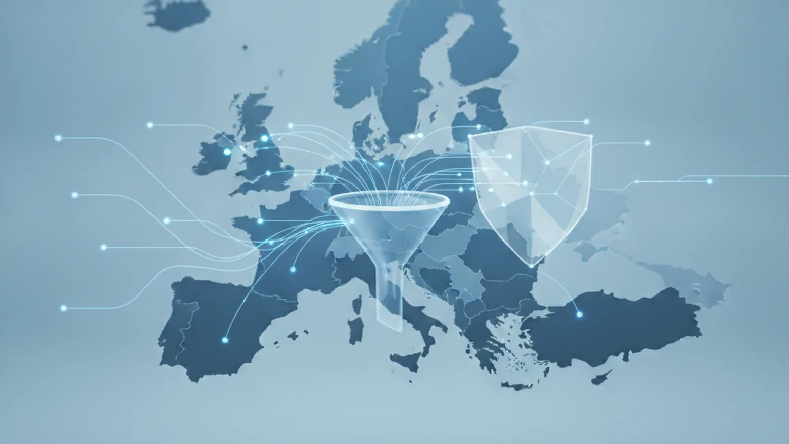 Abstract illustration of data streams being collected from a map of Europe into a funnel beside a translucent privacy shield, representing web scraping of personal data for AI training under GDPR