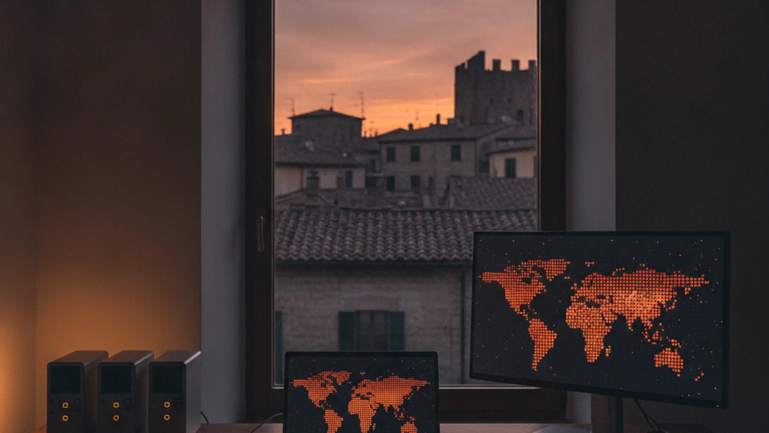 Scrivania di una piccola agenzia web al tramonto, con monitor che mostrano una mappa a punti arancioni e server con spie di allarme davanti ai tetti di un borgo italiano