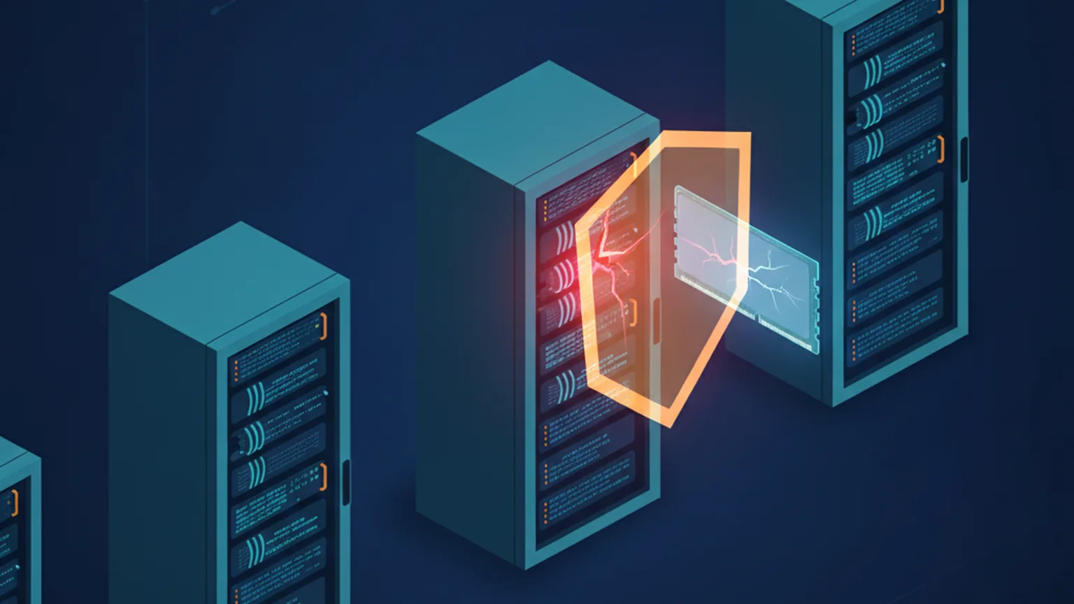 Isometric server racks in navy space, one rack with a cracked red-glowing memory module and a ghostly duplicate memory block beside it, while an amber shield slides into place over the damage