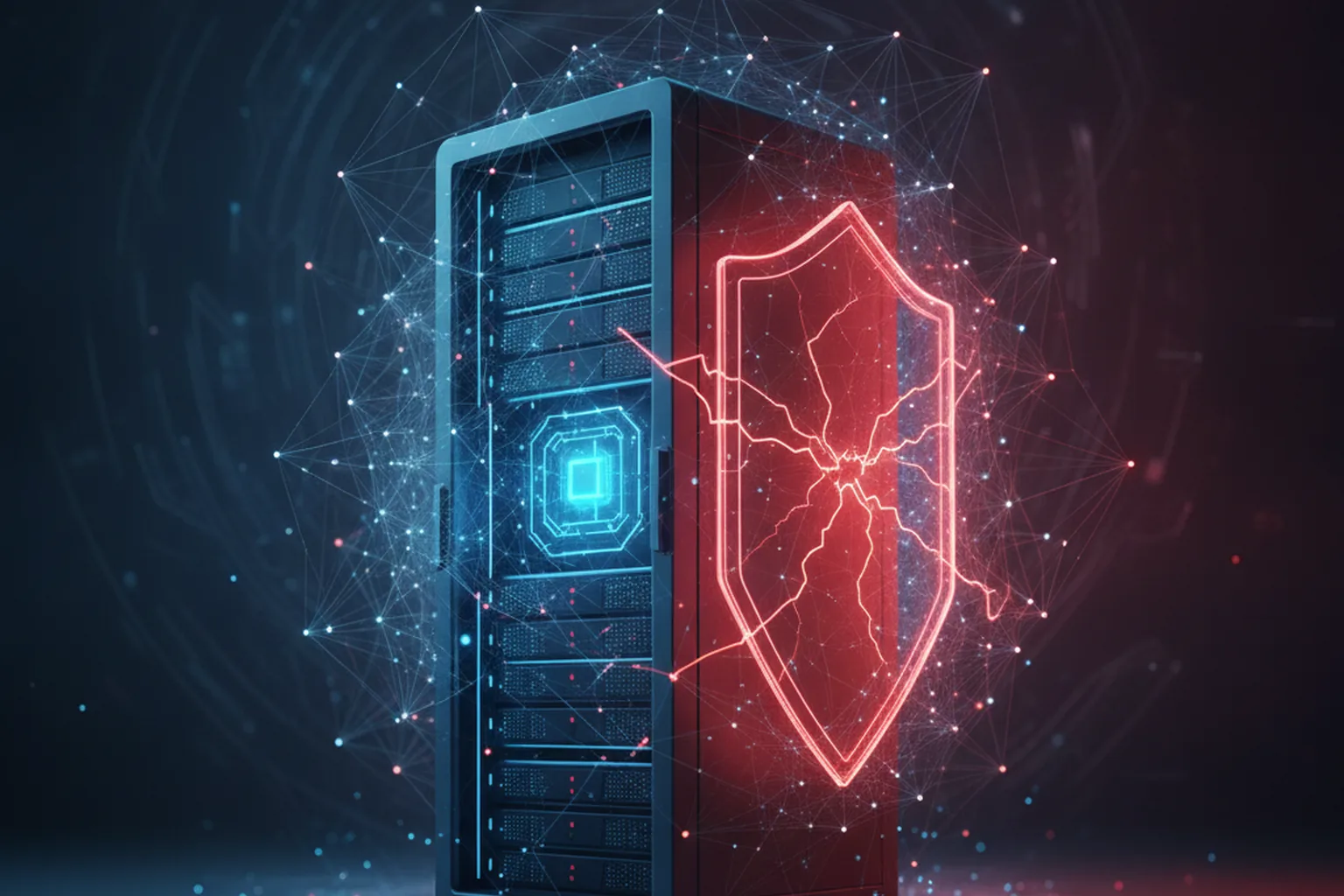 Server rack with cracked red security shield glowing over a dark blue network background, representing a critical Windows kernel vulnerability under active attack