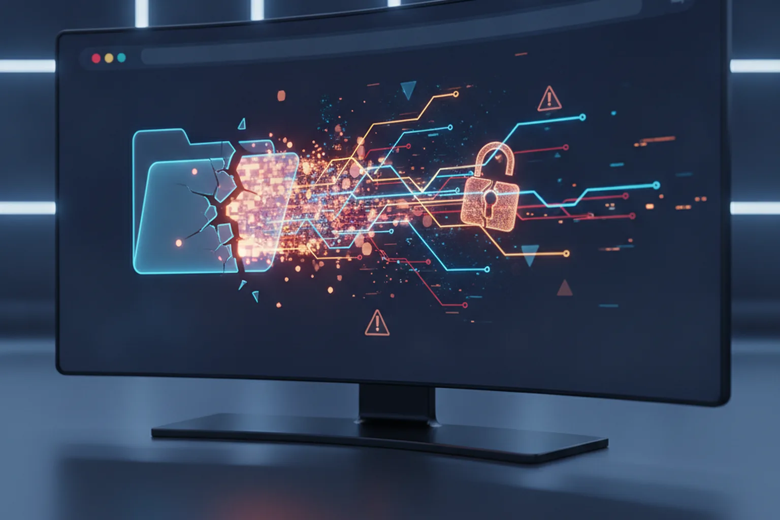 A content management dashboard on a dark screen with a file path breaking out of a folder boundary past a broken padlock, illustrating a path-traversal flaw that escapes the WordPress theme directory