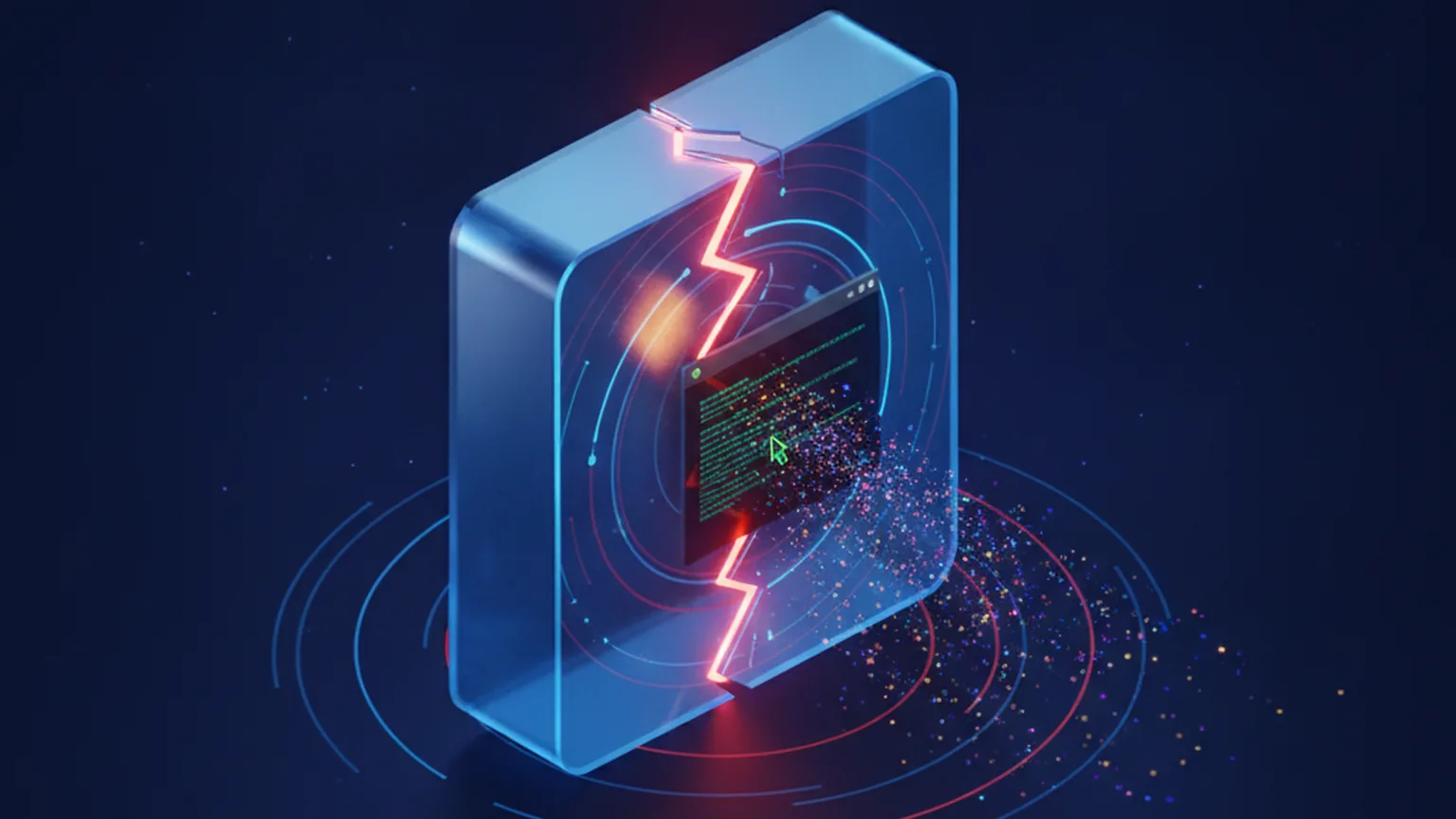 Isometric illustration of a glowing blue content-management server block cracking open along a red fault line, a dark shell terminal window emerging through the breach with code particles leaking into deep navy space