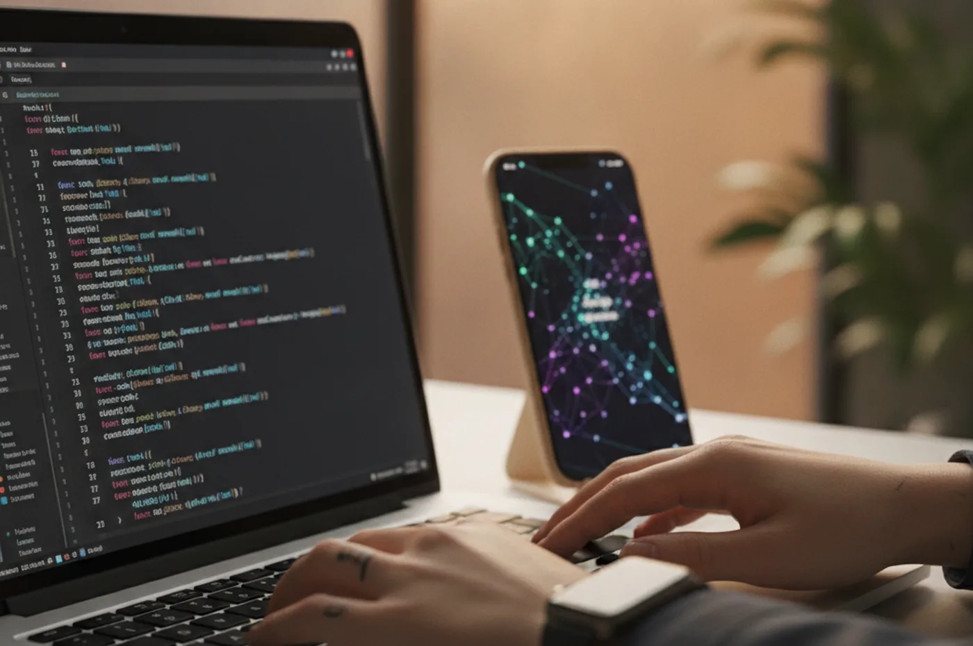 Desarrollador que escribe código Swift y Kotlin en un portátil junto a un teléfono que ejecuta un modelo de IA en el dispositivo
