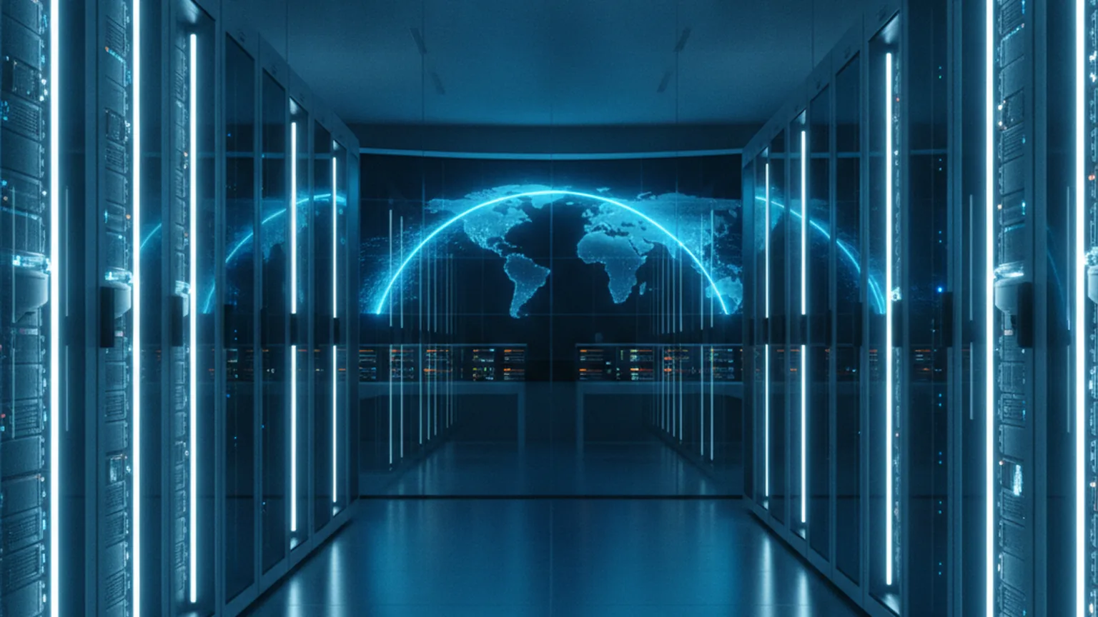 Rechenzentrumshalle mit blau beleuchteten Serverschränken und einer großen Bildwand, die einen leuchtenden Bogen über zwei Kontinente zeigt — Sinnbild für die transatlantische Fusion von Aleph Alpha und Cohere für souveräne KI