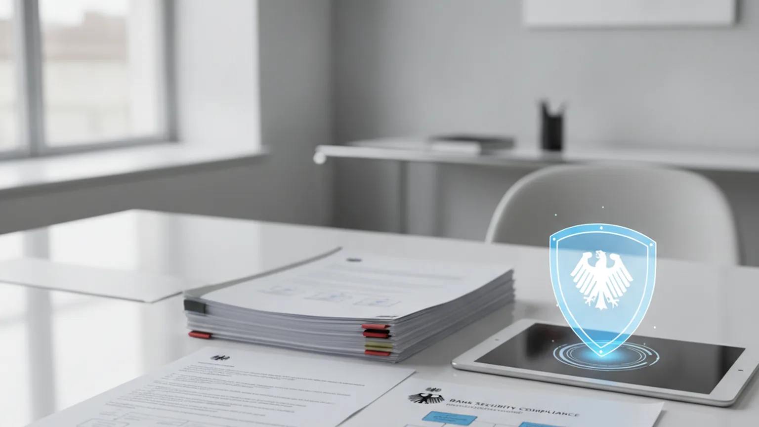 Compliance-Dokumente auf einem Schreibtisch in einem modernen deutschen Bankenb&uuml;ro mit digitalem Sicherheitsschild-Symbol — Sinnbild f&uuml;r die ersten DORA-Pr&uuml;fbefunde der BaFin