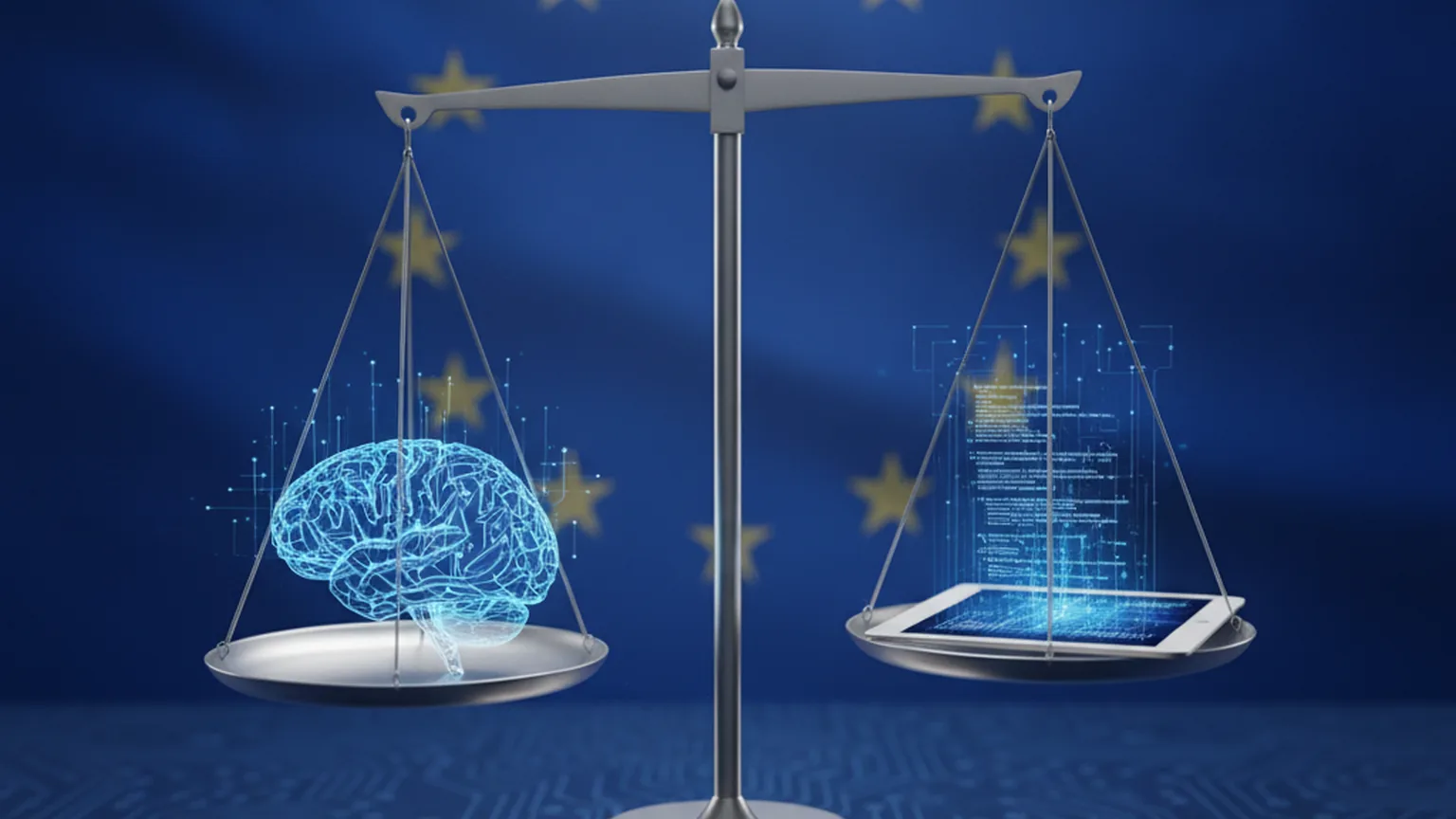 Waage der Justitia mit digitalem KI-Gehirn auf einer Seite und Regulierungsdokumenten auf der anderen, vor blauem EU-Sternenhintergrund — Sinnbild für BaFins neue KI-Aufsichtsrolle im Finanzsektor