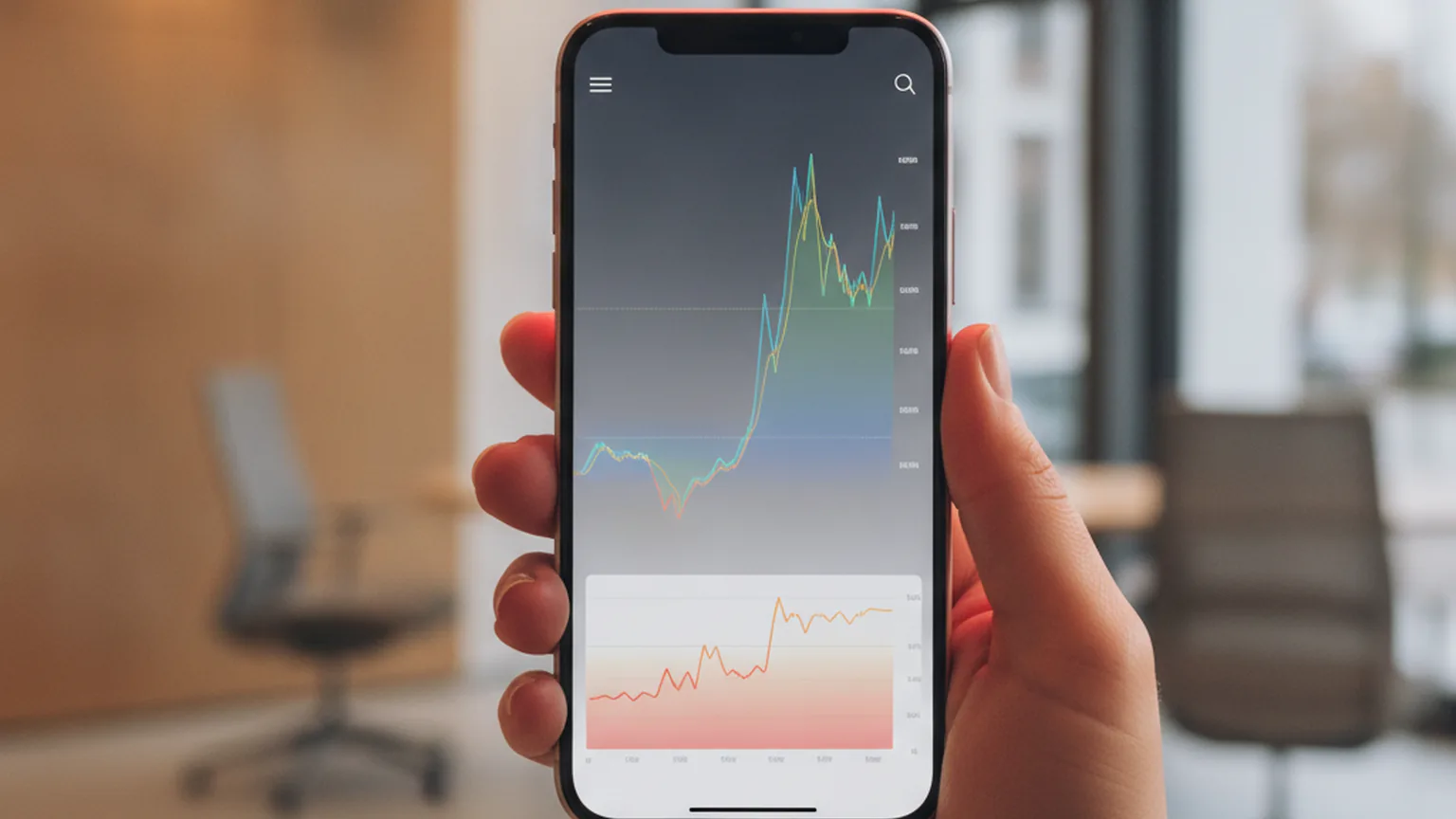 Hand hält ein Smartphone mit einer Banking-App, auf der ein Kursdiagramm einer Kryptowährung zu sehen ist, im Hintergrund ein unscharfer Büroraum