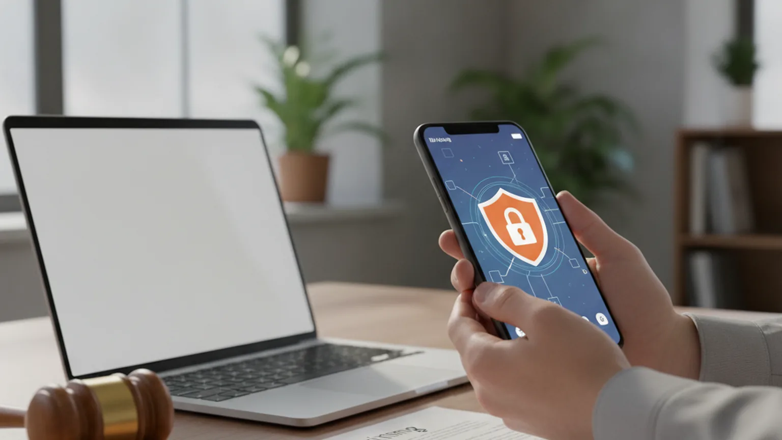 Hand hält ein Smartphone mit Banking-Oberfläche und Schutzschild-Symbol, daneben Laptop und Richterhammer als Symbol für das EuGH-Urteil zur Phishing-Erstattung