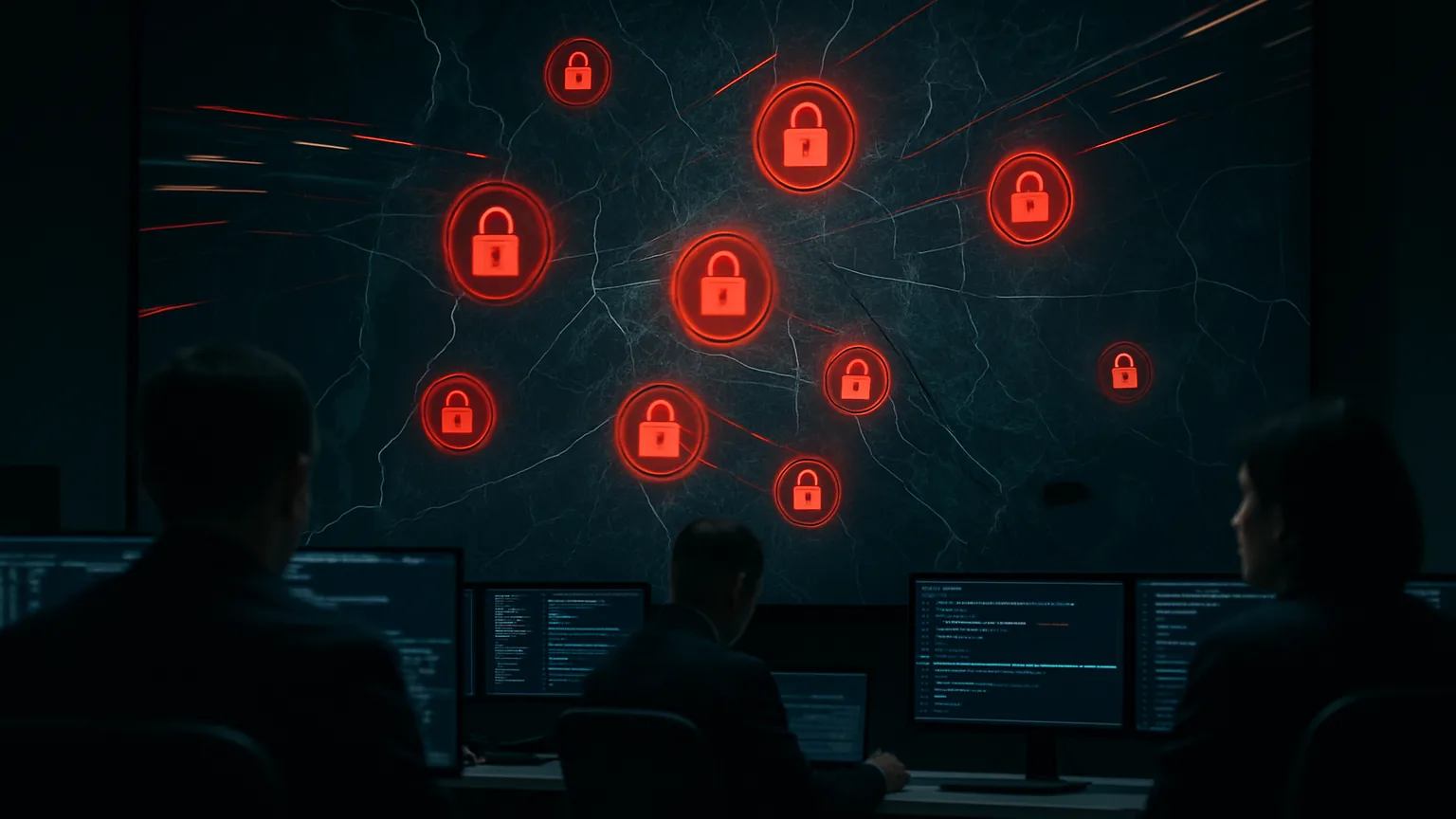Sicherheitsanalysten in einem abgedunkelten Lagezentrum vor einem großen digitalen Stadtplan mit roten Ransomware-Schloss-Symbolen — Sinnbild für den Rhysida-Angriff auf Berliner Behörden