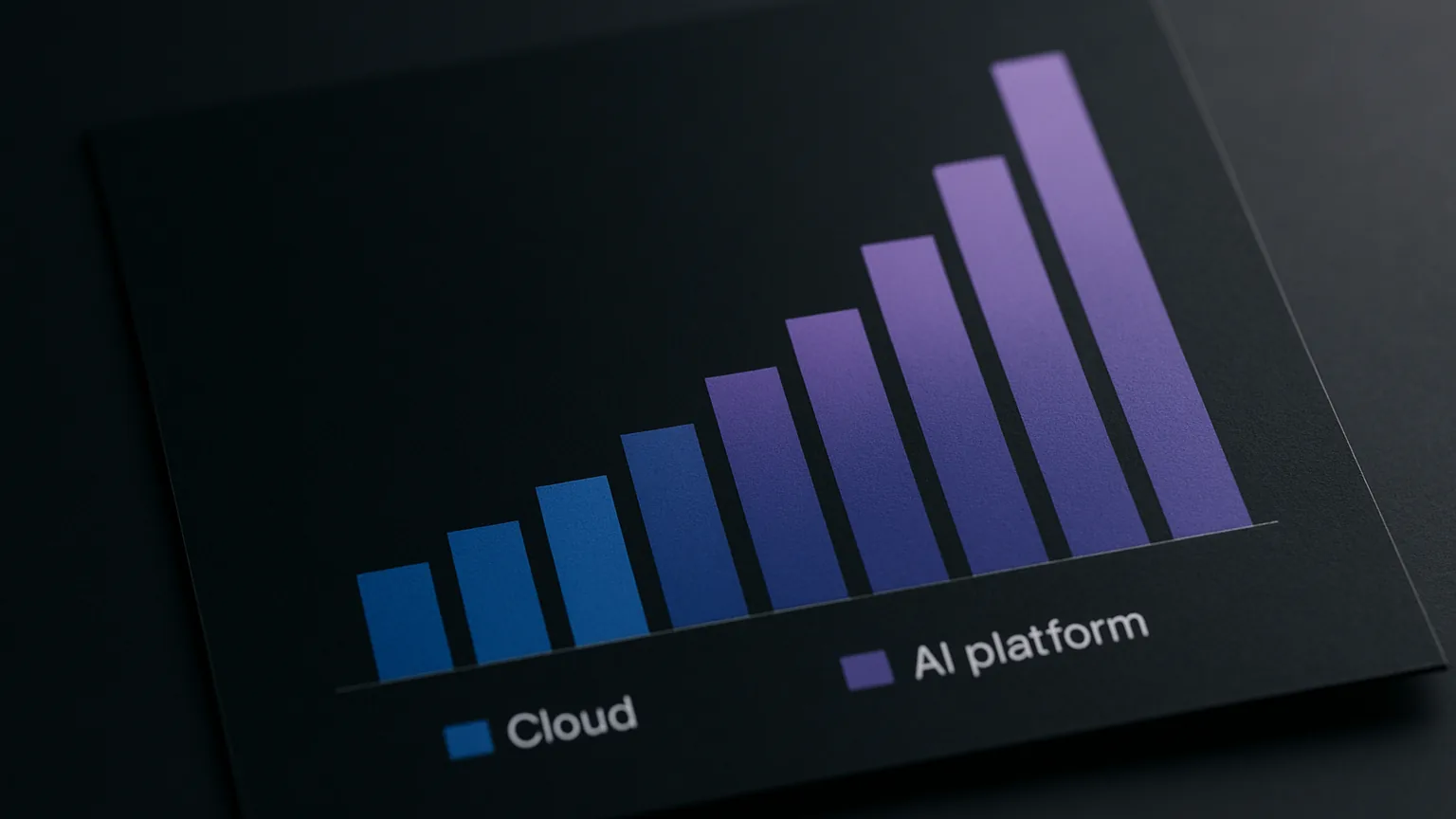 Aufsteigendes Balkendiagramm mit Cloud- und KI-Plattform-Segmenten in Blau und Lila auf dunklem Hintergrund — Sinnbild für das starke Wachstum des deutschen Software-Markts 2026