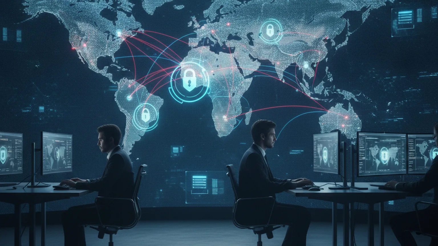 Sicherheitsanalysten in einem abgedunkelten Cyber-Lagezentrum vor einer großen Weltkarte, auf der sich automatisierte Angriffsströme über das Netzwerk vervielfachen, mit leuchtenden Schloss-Symbolen — Sinnbild für skalierende KI-gestützte Cyberangriffe