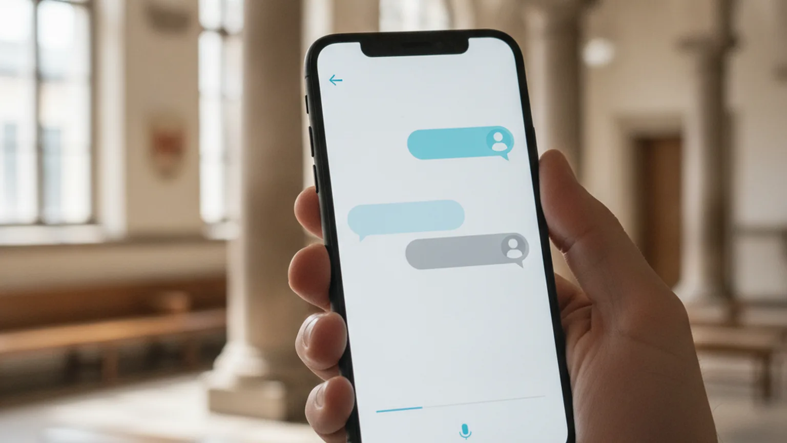 Hand hält ein Smartphone mit einer Chat-Oberfläche, im unscharfen Hintergrund die Halle eines Rathauses mit Säulen und Holzbänken