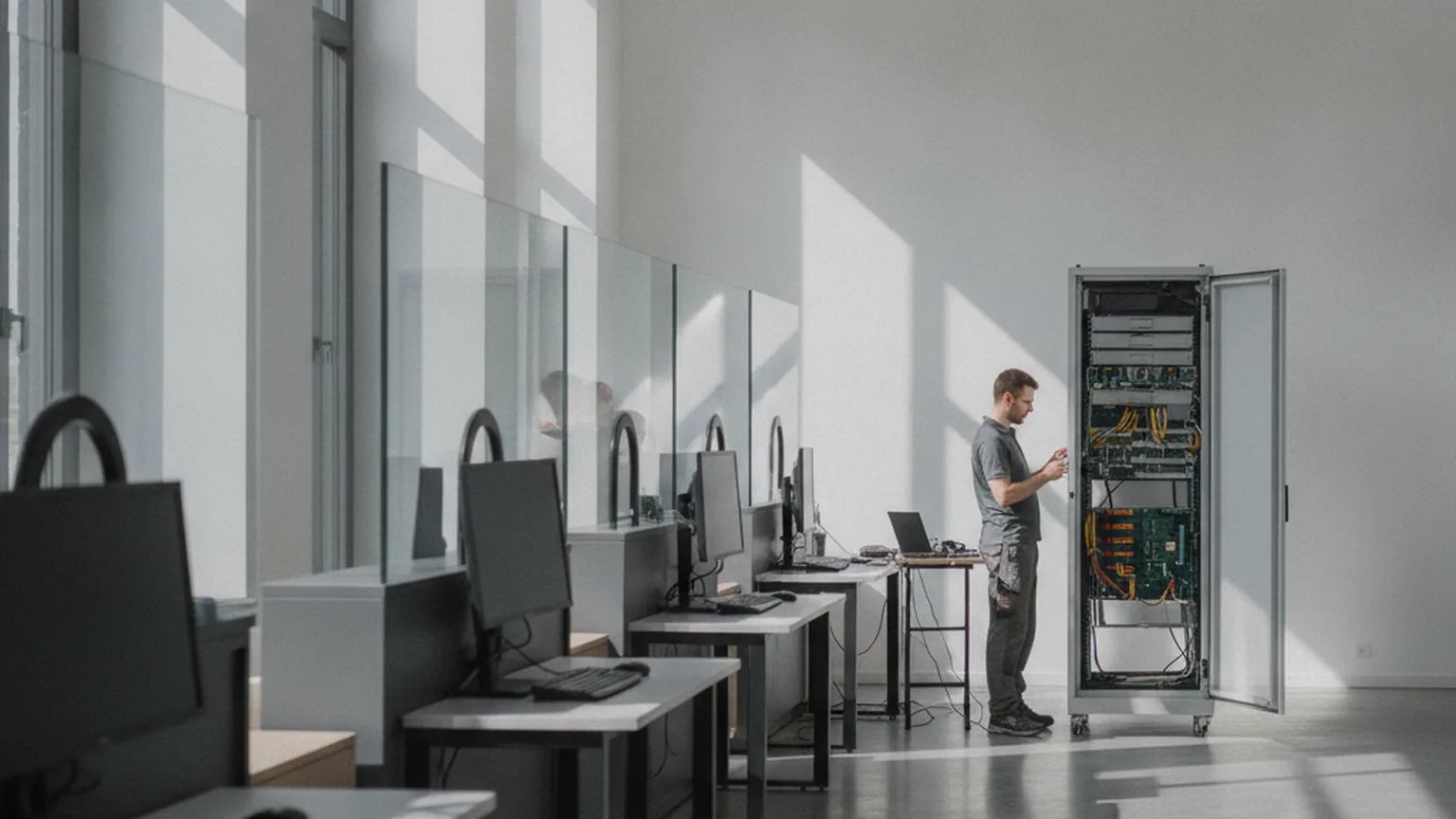 Leeres Bürgerbüro mit verwaisten Schaltern und dunklen Bildschirmen, im Hintergrund arbeitet ein IT-Techniker an einem geöffneten Serverschrank