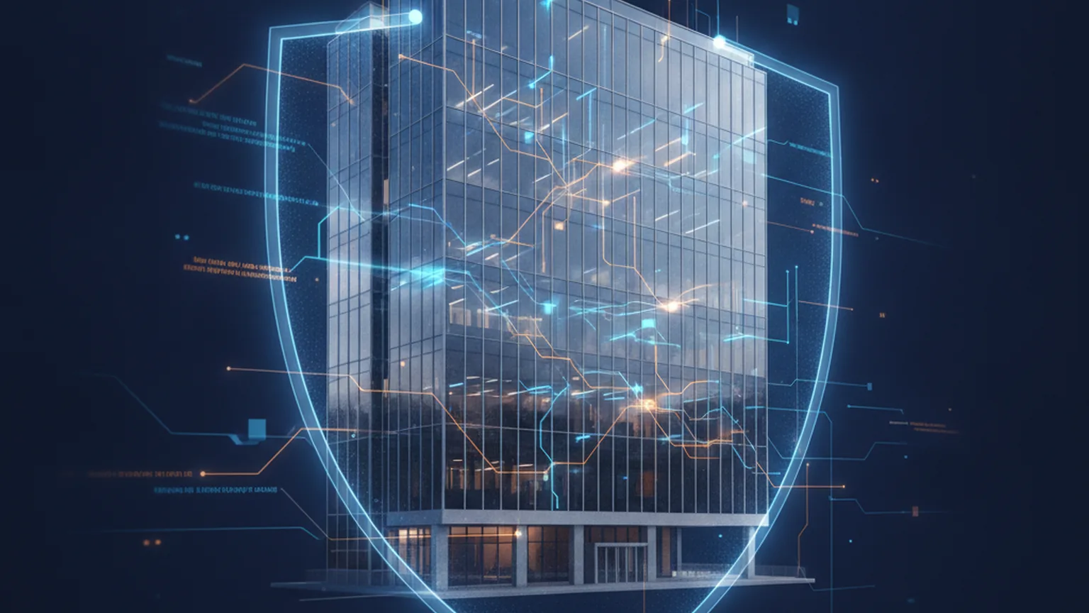 Gläsernes Behördengebäude, umschlossen von einem leuchtenden Schutzschild und Netzwerklinien in Blau und Bernstein auf tiefblauem Hintergrund — Sinnbild für die zentrale nationale KI-Aufsicht