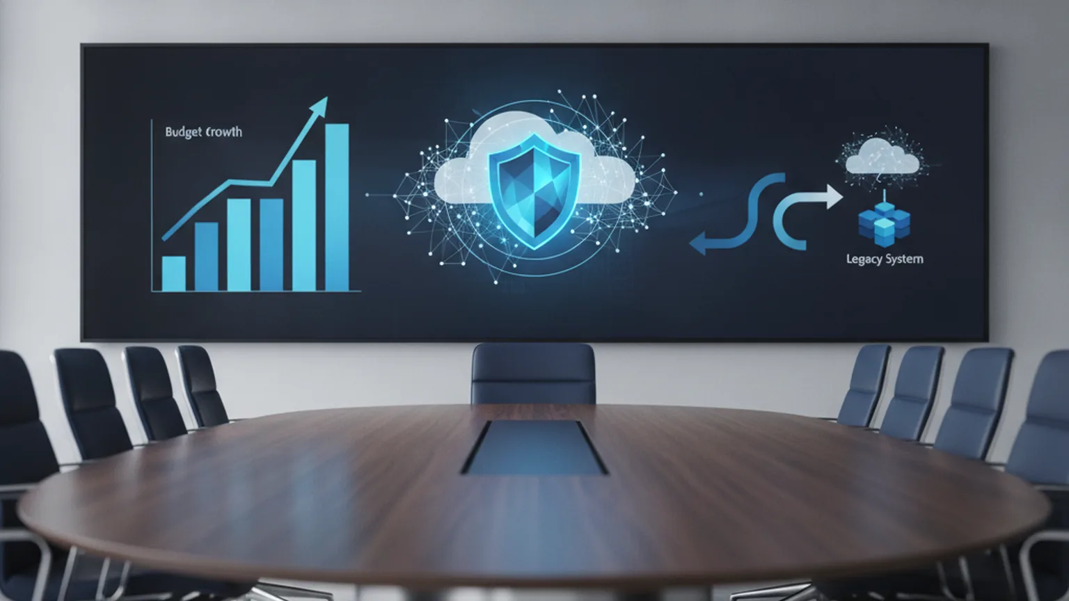 Digitales Dashboard in einem Vorstandsbüro mit steigenden Budget-Balken, einem Cybersecurity-Schild sowie Cloud- und KI-Symbolen — Sinnbild für die IT-Investitionsprioritäten deutscher Unternehmen 2026