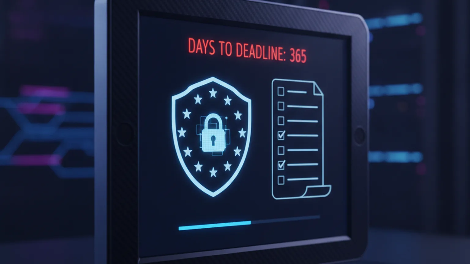 Compliance-Dashboard auf einem Tablet: EU-Schild mit Schloss, Checkliste und roter Countdown-Anzeige — Sinnbild für die CRA-Meldepflicht ab September 2026