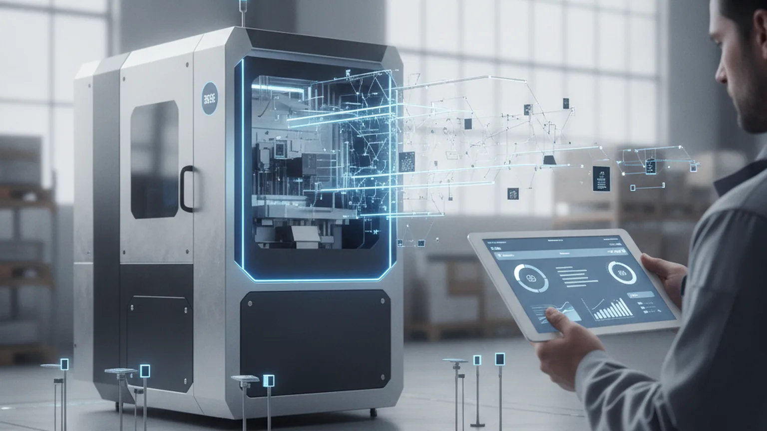 Vernetzte Industriemaschine sendet strukturierte Datenströme an ein Tablet-Dashboard, das ein Ingenieur in der Hand hält — Sinnbild für den Access-by-Design-Grundsatz des EU Data Act