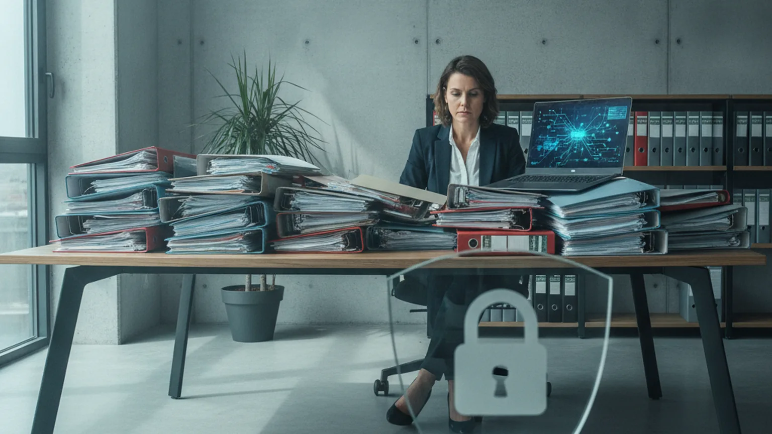 Datenschutzbeauftragte an einem Schreibtisch voller Aktenordner mit Laptop und Schloss-Symbol im Vordergrund — Sinnbild für den wachsenden DSGVO-Dokumentationsaufwand in Unternehmen