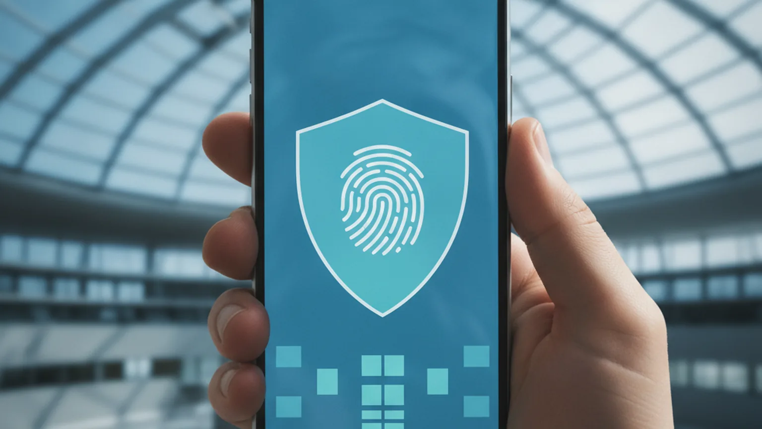 Hand hält ein Smartphone mit einem Schutzschild- und Fingerabdrucksymbol auf dem Bildschirm, im Hintergrund eine unscharfe Glaskuppel