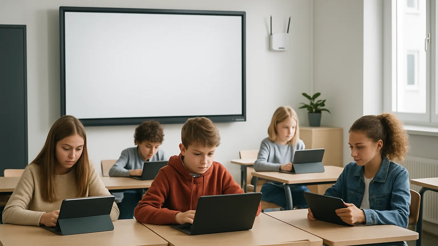 Schulklasse in Deutschland mit Schuelerinnen und Schuelern an Tablets und Laptops, interaktives Whiteboard vorne, WLAN-Router an der Wand — modernes digital ausgestattetes Klassenzimmer