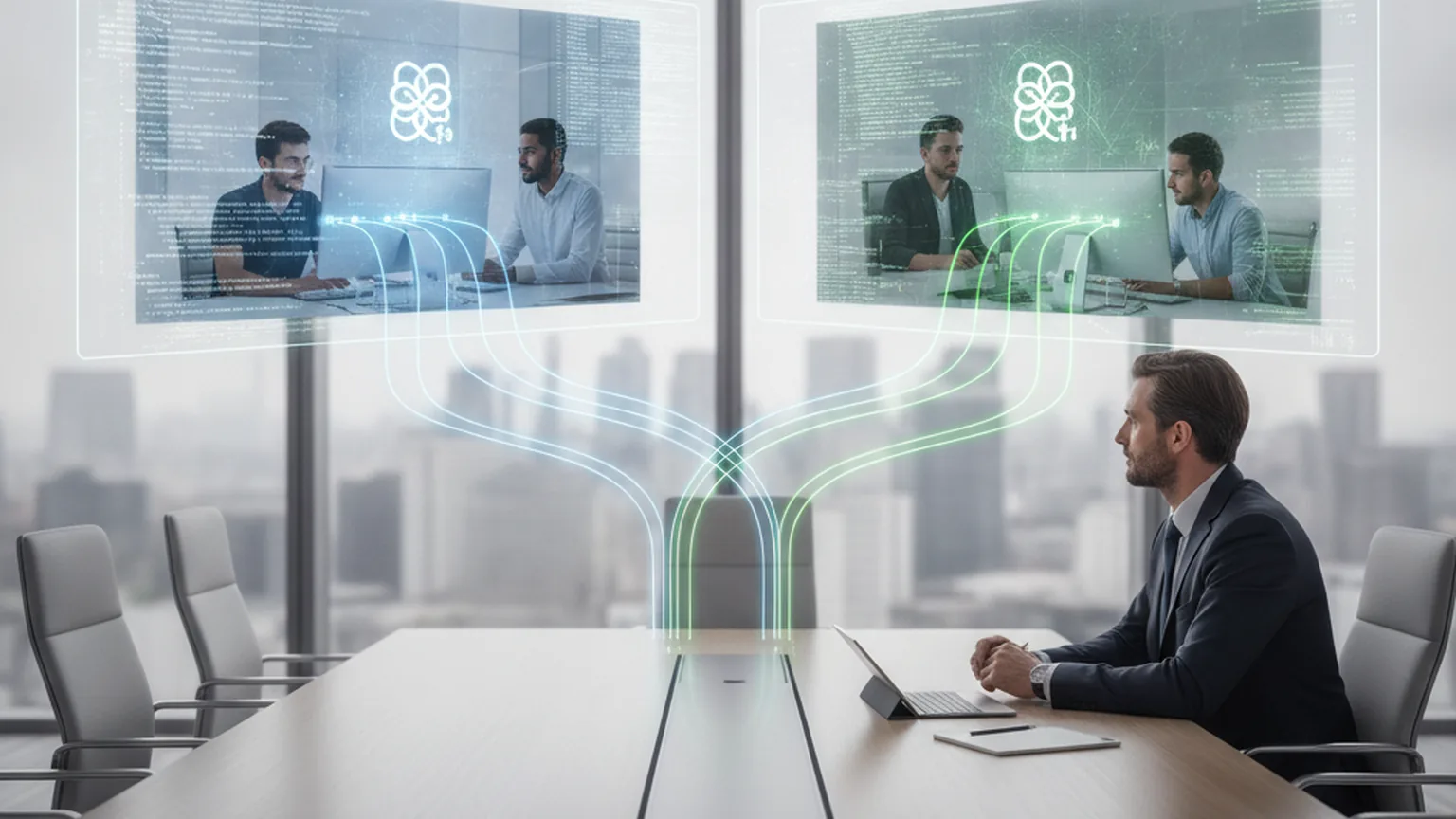 Führungskraft im Konferenzraum betrachtet zwei parallele Entwicklerteams auf Monitoren mit abzweigenden Code-Pfaden — symbolisch für parallele Softwareentwicklung und fehlende Governance-Kontrolle